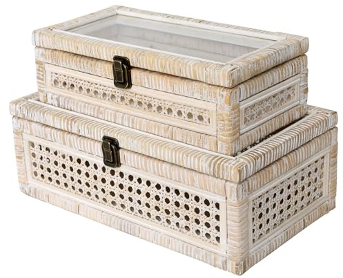 DECOR4SEASON Cajas apilables de ratán y bastón con tapa superior de cristal, juego de 2 de 11.8 pulgadas y 14.1 pulgadas, para decoración bohemia y rústica de granja, color blanco lavado