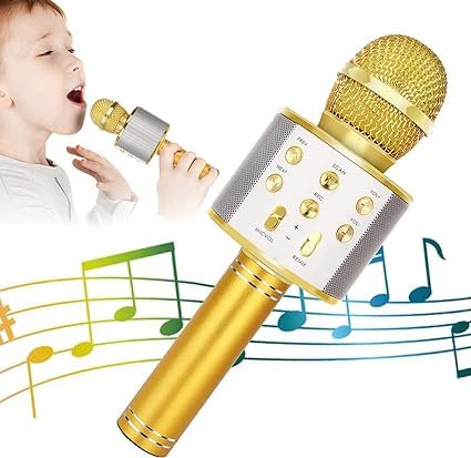 Desconocido Microfono Inalámbrico Karaoke, Micrófono Karaoke Bluetooth Portátil con Altavoz y LED para Niños Canta Partido Musica, Compatible con Android/iOS PC, AUX o Teléfono Inteligente (Dorado)