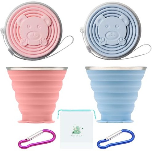 ZOCONE 2 Piezas Vaso Plegable Silicona con Tapa Reutilizable Taza Plegable Copa Silicona con Mosquetón y Bolsa Extensible Vaso de Viaje 270ml para Viaje Camping