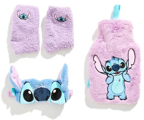 Skinnydip Disney Stitch Hot Water Bottle Gift Set - Embroidered Detailing 3 Piece Set - Eye Mask, Fluffy Socks & Hot Water Bottle