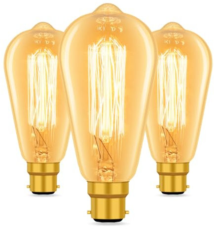 Caldarax 3 Pack Bayonet Vintage Edison Light Bulbs, ST64 Edison Bulb, B22 Retro Filament Light Bulbs, Amber Warm White 2700K, 600LM, Industrial Style Antique Bulb, Decorative Light Bulbs