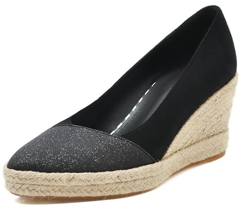 Gicoiz Plateau Espadrille Pailletten Damen Ohne Verschluss Keilabsatz Pump Hochzeit Glitzer Elegant Höhe Ferse Bride Sommer Abendschuhe Schwarz Gr 40 EU-41Cn