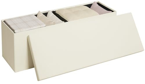 Klihome Sitzbank mit Stauraum 117L, Sitzbox mit Deckel 110X37.5 cm, Sitztruhe Sitzhocker faltbar aus Leinen, Aufbewahrungstruhe Polsterbank Fußbank Sitzkiste Sofa Bett, Creme