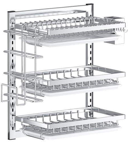 Wall Mounted 3-Tier Dish Drying Rack with Drainboard, Hooks & Cutlery Holder - No Drilling Required