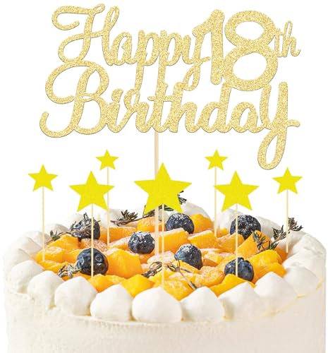 Makoto Nobu 8 Stück Goldene Tortendeko 18 Geburtstag: 1 Happy 18th Birthday Tortenaufleger und 7 Sterntortenaufleger, Deko für 18. Geburtstag Party Supplies