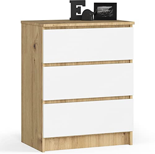 Kommode in Artisan Eiche-weiß mit 3 geräumigen Schubladen, 60 cm breit, 77 cm hoch Kommode Schlafzimmer Flur Wohnzimmer Organizer Kommode mit Schubladen Holz Highboard Sideboard Schrank