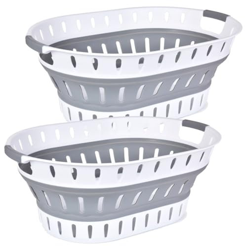 König Design 2er Set Faltbarer Wäschekorb 36 Liter, robust, hochwertig, platzsparend, 60 x 43,5 x 23 cm, Grau Weiß - Mehrzweck-Wäschebehälter, Aufbewahrungskorb, Organizer