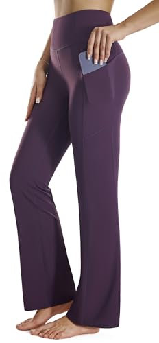 Persit Yogahose Damen Jazzpants, High Waist Sporthose Schlaghose Bootcut Freizeithose - (L, Dunkelgraulila, 74 cm)