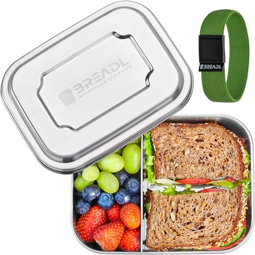 BREADL Edelstahl Brotdose, Feste Trennwand und 2 Fächer, Rostfrei, Spülmaschinenfest, Gummiband, Kleine 1000ml Lunchbox und Brotzeitbox aus lebensmittelechtem Metall für Kinder und Erwachsene