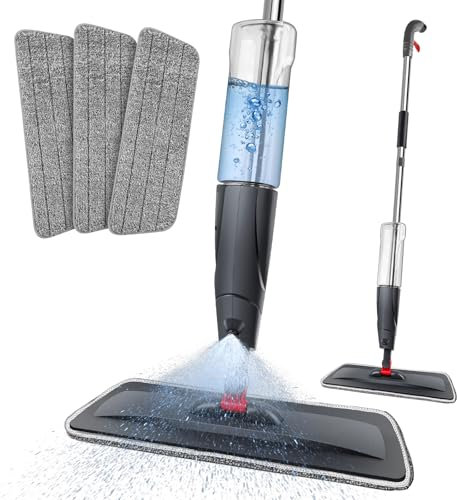 Household Flat Mops with Spray Kitchen Floor Cleaning Mop Dry Wet Mop with 3 Washable Microfibre Pads and 700ML Refill Bottle, 360° Swivel Head, Suitable for Cleaning Laminate, Wood & Tile Floor