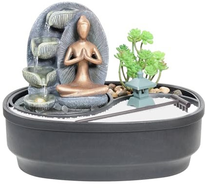 LEMODO - Fontaine d'intérieur avec éclairage LED - Fontaine de table avec Bouddha « Modern Namaste » - Fontaine décorative avec cascade et jardin zen - Fontaine d'eau pour la maison - Fontaine