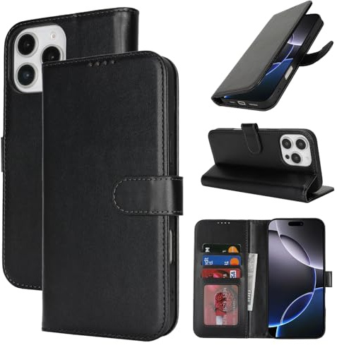 Zouzt Wallet Case for iPhone 16 Pro Max (6.9), Card Holder, Black | Premium PU Leather, with Credit Slot, Shockproof TPU Shell, Magnetic Closure, Protective Flip Folio Phone Cover, Women Men