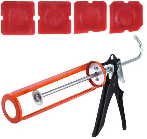 LEONTOOL Caulking Gun, No Drip Caulk Gun with Ergonomic Steel Handle and 4pcs Sealant Finishing Tool Caulk Scraper, 10:1 Thrust Ratio 360° Rotary Silicone Gun for Tiles Window Joints Caulking Filling