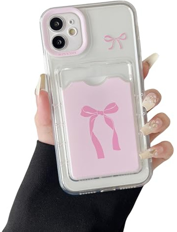 DEFBSC Case for iPhone 12 Clear Card Holder Bowknot,Pink Bow/Frame | Cute Bowknot Ribbon Pattern,Slim Soft TPU Transparent Back Wallet Card Slot Shockproof Phone Cover,Raised Camera Protection