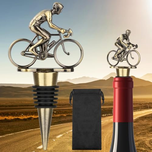 LULLEA Tappo per bottiglia di vino in bicicletta, regalo per ciclisti, regali per la festa del papà, Natale, compleanno, tappo per bottiglia in bronzo per vino e champagne con borsa