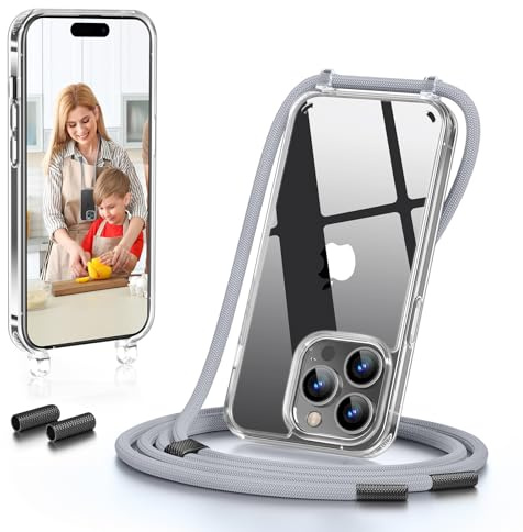 GOODVISH Handykette für iPhone 14 Pro Hülle mit Band, Silber | Kameraschutz und Bildschirmschutz, Transparent Necklace Handyhülle Schutzhülle für Umhängen Case mit Kordel 6.1