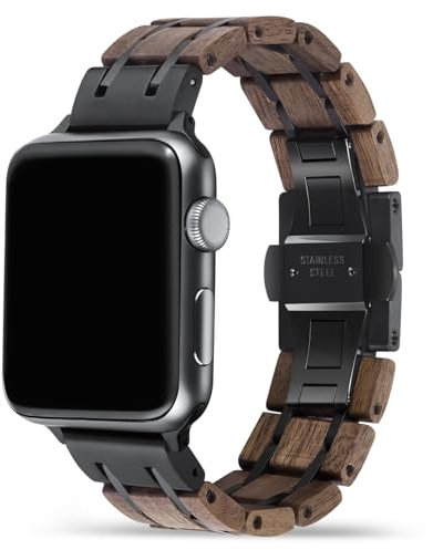 iWoodz® Holz Armband Kompatibel mit Apple Watch 40mm 42mm 46mm 44mm 45mm 41mm 38mm 49mm, Damen Herren iWatch Series 10 9 8 7 6 5 4 3 2 1 SE Ultra (Walnut/Schwarz, (46mm/45mm/44mm/49mm)+(S3/2/1 42mm))
