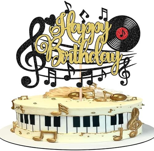 Xsstarmi 1 Pack Music Theme Happy Birthday Cake Topper Black Glitter Record Music Notes Cake Pick for Singer Musician Happy Birthday Party Cake Decorations Supplies