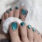 NICENEEDED 24 PCS Blue Press on Toenails, Short Sqaure Shiny Glossy false Toe Nails, Peacock Cat Eye Toenail, Plastics Artificial False Manicure Decoration for Women Halloween