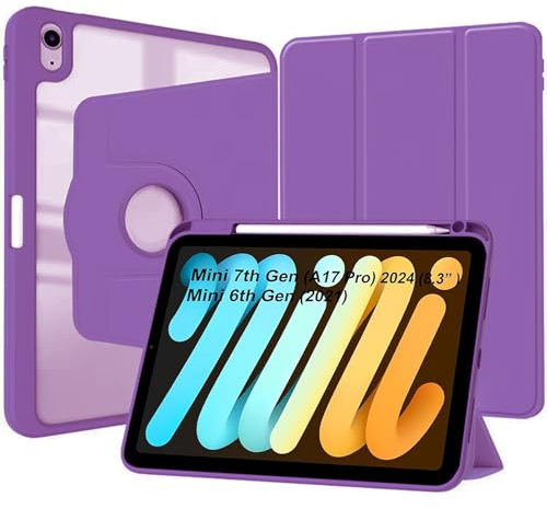 World biz Case for iPad mini (A17 Pro, 2024, 7th Generation) / mini 6 (2021, 6th Gen) Pencil Holder, 360 Degree Rotation Protective Trifold Smart Cover Clear, Auto Wake/Sleep (Purple)