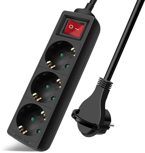 EXTRASTAR Regleta Alargador con 3 Enchufes e Interruptor, Cable 1.5M Clavija Plana, para el hogar, Oficina y Viajes, 16A, 250V, 3680W, Negro