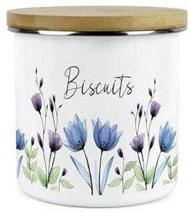 Blooming Lovely Flowers Small Biscuits Canister - Purple Floral Homewares Gifts - 1.2L Enamel Food Kitchen Storage Container