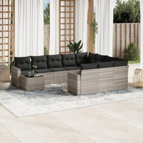 Ensemble de Jardin 11 Pièces, Canapé Modulaire en Polyrotin Gris Clair avec Coussins, Table en Verre Trempé et Rangement, Salon Exterieur Terrasse, Salon de Balcon, 110kg/Place, 65.5x62x69 cm