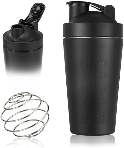 Protein shaker bottle with stainless steel mixer ball, 500 ml, sealed lid with flap, cocktail mixer, BPA-free Proteinshaker Gym Fitness Flasche Eiweißshaker Shakebecher für Cremige Proteinpulver Whey