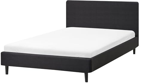 Beliani Modern Linen EU Double Size Bed Frame 4ft Slatted Base Panel Bed Wooden Legs Black Fitou