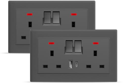 BSEEDLIFE Double Switched Wall Socket,Electric Plug Sockets Outlets with 20W USB/USB-C,13 A,Glass Panel Outlet Compatible with 3 Pin UK Standard Plug,146mm Grey(2 Pack)