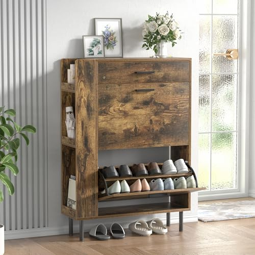 Skokliz Schuhschrank mit 2 Klapptüren Mit Schubladen, Schuhaufbewahrung, Holz Schuhkipper, Schuhregal, Trennwand Verstellbar, 10-14 Paar, Große Kapazität für Flur, Eingang, 24 x 75 x 105 cm