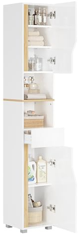 FORABAMB Tall Bathroom Storage Cabinet, Freestanding Bathroom Storage Unit with Adjustable Shelves, a Drawer,2 Open shelves, Slim Storage Cabinet for Bathroom,Entryway,Kitchen, White, 30 x 30 x 170 cm