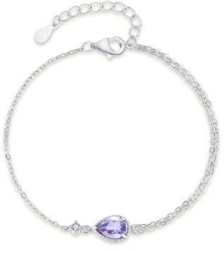 Homxi Bracciale Donna Platino 950, Goccia d'Acqua con Ametista da 0,5 ct e Diamante, Regolabile 20 CM + 3 CM, Bracciale Catena Argento Viola Donna