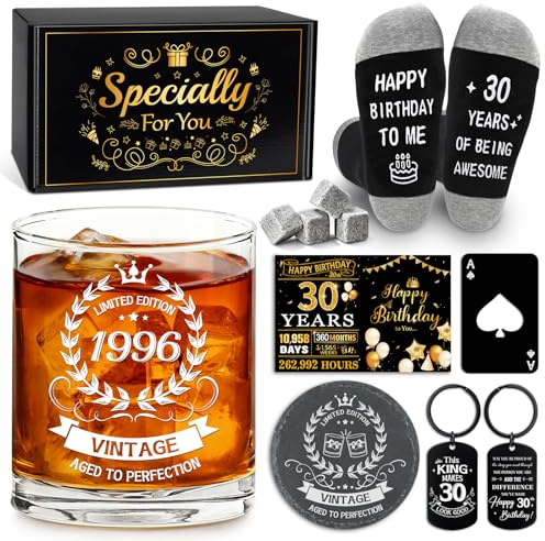 Epaing 1996 30th Birthday Gifts for Men Whiskey Glass Set, Vintage 430ml Whisky Glass Personalised Gifts for Mens, Whiskey Gift Set for Men with Whiskey Stones Keyring Bottle Opener Coaster Card Socks