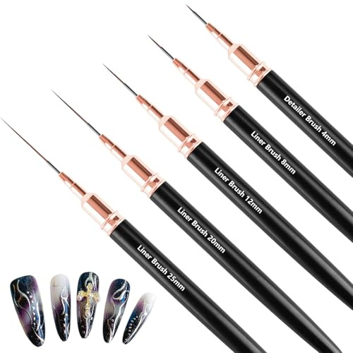 5Pcs Nail Art Liner Brushes Set Fine Detail Brushes for Thin Lines | Gel Polish Painting & Nail Design, Fingernails Drawing Tool for Long Lines & Precision Art,Sizes 4/8/12/20/25mm (Deep Black)