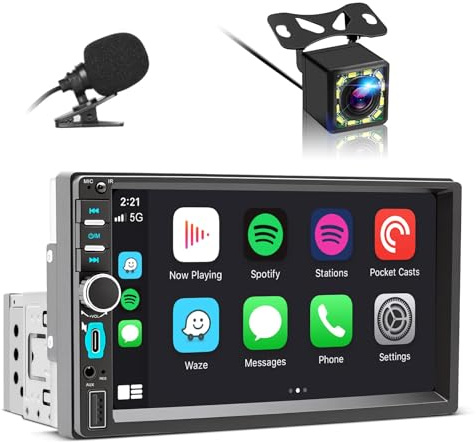 Autoradio 1 DIN Compatibile con Wireless Carplay & Android Car, 7 Pollici Touchscreen Stereo Bluetooth con Schermo, Radio con Mirror Link/USB/AUX/FM/MIC/Type-C, Supporta Telecamera Posteriore