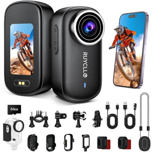Ruycllo 4K Body Cam Cámara Deportiva - Tarjeta 64GB Mini Cámara con Estabilización EIS de 6 Ejes, HDR, Gran Angular 145°, WiFi APP, Cámara Magnética para Moto, Casco, Vlog