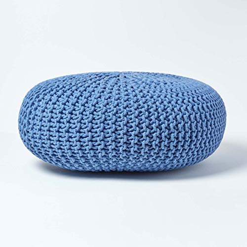 Homescapes Pouf Strickpouf rundes Bodenkissen, Sitzpouf 70 x 23 cm, gepolsterter Sitzhocker, Sitzpuff/Puff mit grob gestricktem Bezug aus 100% Baumwolle, Strickpuff, blau