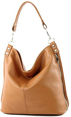 modamoda de - T177 - ital. Damen Schultertasche aus Leder, Farbe:Camel