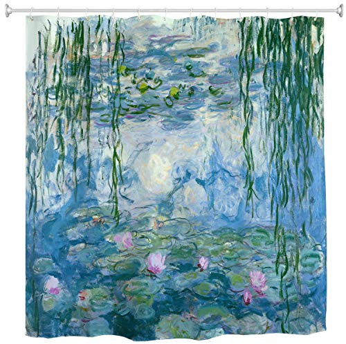 Shower Curtain Water Lilies by Claude Monet Oil Paintings Flowers, Fabric Bathroom Decor Set with Hooks, 60 x 72