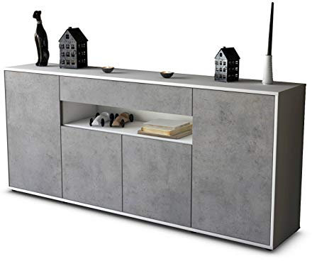 Stil.Zeit Sideboard Fiorella, Korpus Weiss matt, Front Industrie-Design Beton (180x79x35cm) Push-to-Open Technik & Leichtlaufschienen
