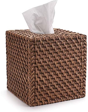 DOKOT Kosmetiktücher Box aus Rattan Taschentücherbox Natur für Zuhause/Büro/Auto Quadratisch (Honigbraun, 14x14x15cm)