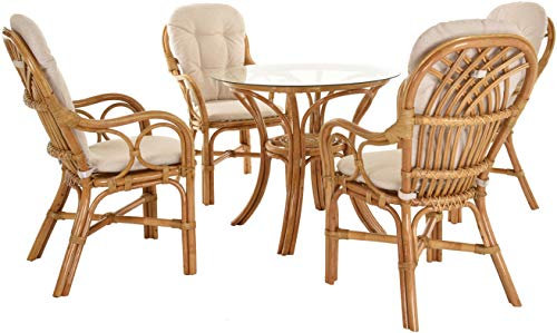 Krines Home Rattan Wintergartenset Capri Rattanset 5 teilig Wintergarten Rattan Garnitur 4 Personen Sitzgruppe Natur Rattanmöbel Set Rattangruppe (Honig - Dunkel)