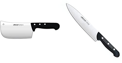Arcos Universal Macheta, Acero Inoxidable, Negro, 160 mm + Maitre, Cuchillo Cocinero, Acero Inoxidable Nitrum 215 mm, Mango Polipropileno Negro
