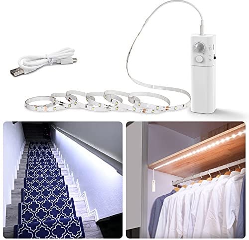 WOBANE LED Band mit Bewegungsmelder, Wiederaufladbar Kleiderschrank Beleuchtung,2m LED Sensor Licht Schrankleuchten für Kleiderschrank,Treppe,Bett,6000K Weiß,1 pack