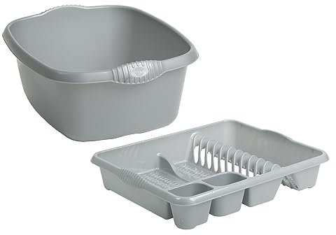 TENLITE SET OF 2 Large Rectangular Washing Up Bowl with large Dish Drainer For Kitchen Utensils - (Silver, Rectangular Bowl, Large Dish Drainer)