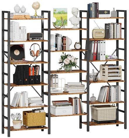 AONELAS IRONCK Bookcases and Bookshelves Triple Wide 6 Tiers Industrial Bookshelf, Large Etagere Bookshelf Open Display Shelves with Metal Frame for Living Room Bedroom Home Office