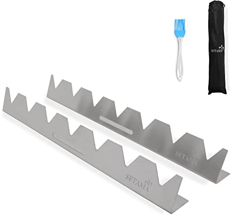 SETAMA Stainless Steel Kabob Skewer Racks - Set of 2 - Barbecue Supply - BBQ Grill Holders for Chicken Shrimp Shish Kabob, Koobideh Kebab, Middle Eastern/Persian/Brazilian Cuisine, with Brush and Bag