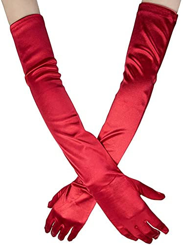 Ancokig Damen Lange Handschuhe Satin Classic Opera Fest Party Hochzeit Braut Handschuhe 1920er Stil Handschuhe Elastisch Erwachsene Größe bis Handgelenk Länge (52 CM-rot)