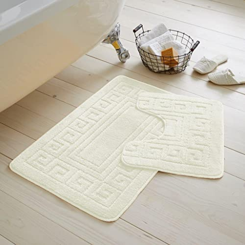 Artistic Fashionista Limited 2 Pieces GREEK Bath Mat Rugs for Bathroom - Non Slip Anti Mould Bath Mat Set - Soft - Extra Water Absorbent Pedestal Ultra Plush Bathroom Mats Toilet Shower Set (Cream)